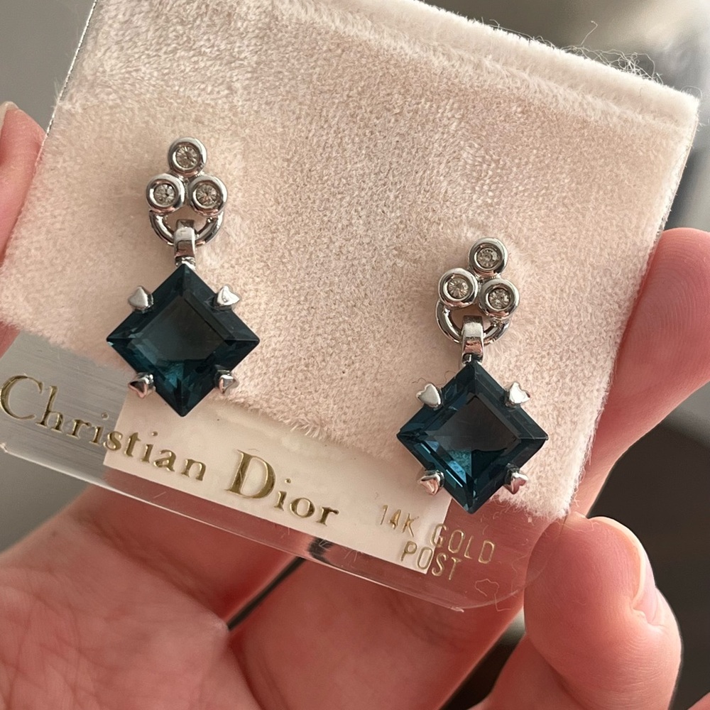 Vintage NWT Christian Dior Blue Rhinestone Dangle Silver 14k Gold Post Earrings - Picture 2 of 9